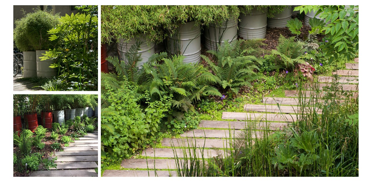 Photographies des allées en bois et décorées d'arbustes du Jardin de l’Atelier du Pont à Paris 12